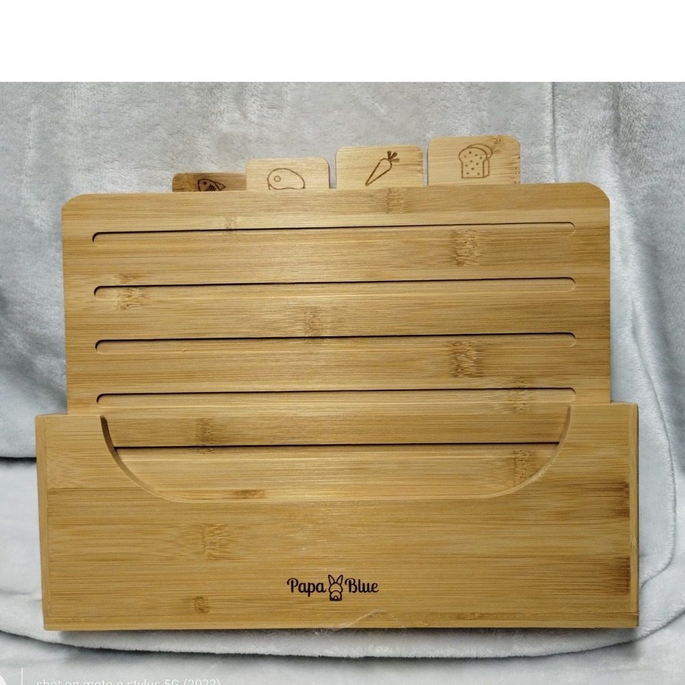 Papa Blue Labeled Bamboo Cutting Board Set of 4 with Stand Juice Groove Non-Slip